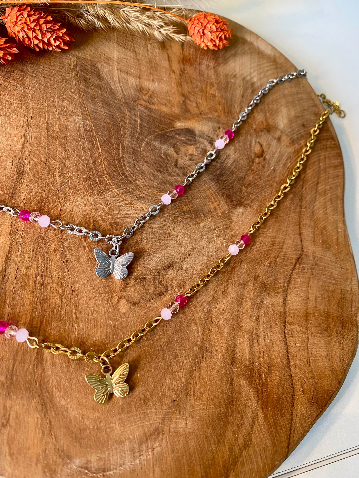 Lyra l Collier en acier inoxydable et perles rose ( modèle unique )