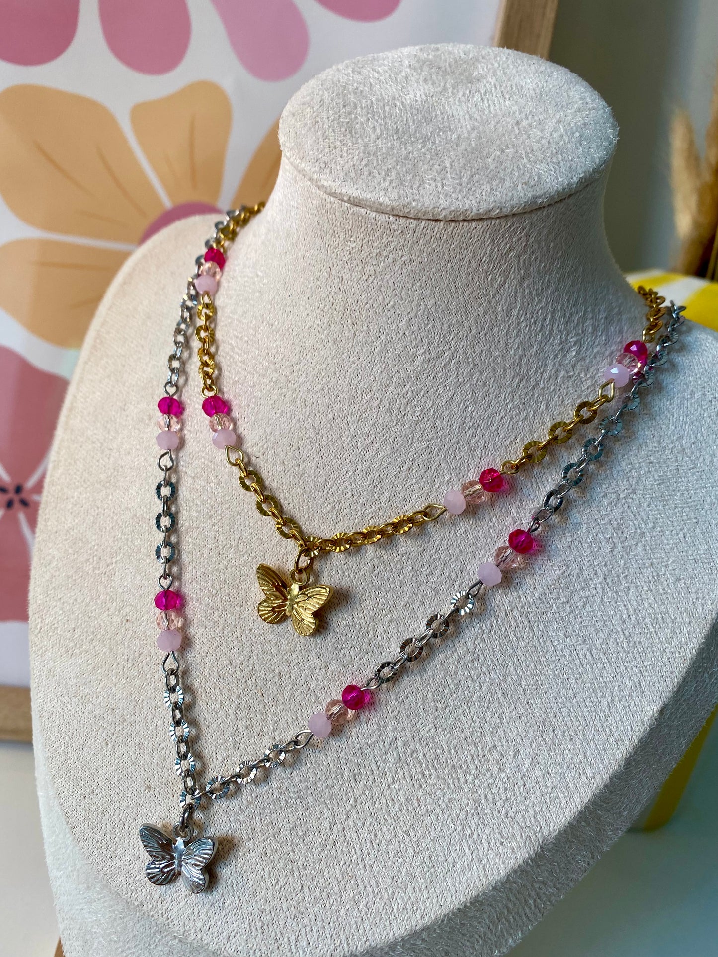 Lyra l Collier en acier inoxydable et perles rose ( modèle unique )